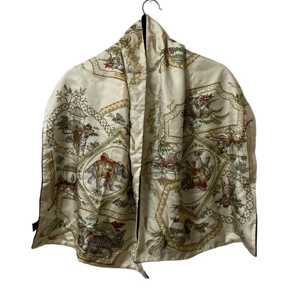 Auth Salvatore Ferragamo - Dark Green Cream Multi Rayon Silk Scarf - Picture 1 of 7